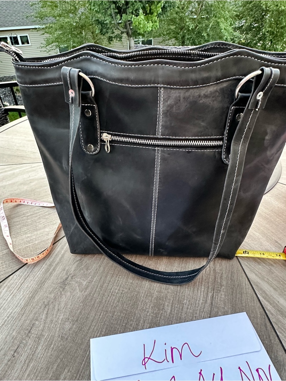 Classic Black Leather Tote with Backside Zip Pocket